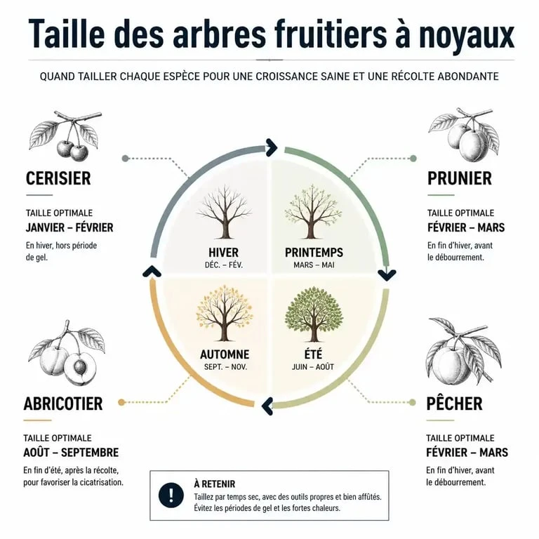 Calendrier de taille des arbres fruitiers à noyaux : périodes optimales pour cerisier, prunier, abricotier et pêcher