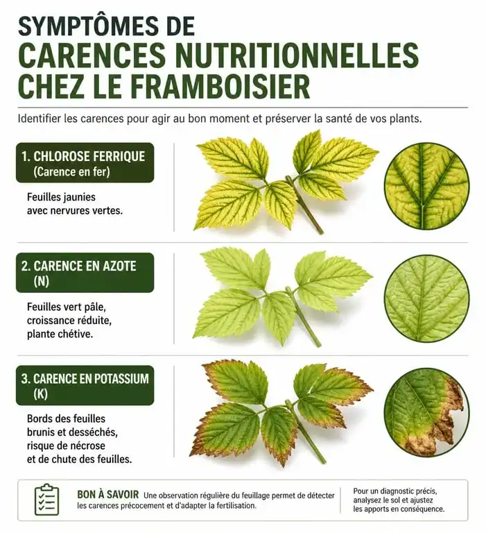 Infographie des symptômes de carences nutritionnelles et besoins en engrais framboisier