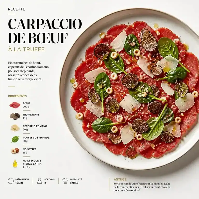 Carpaccio de bœuf à la truffe et garniture gourmet, un accompagnement raffiné pour sublimer la viande.