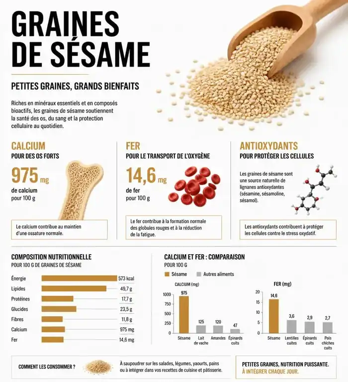 Infographie des bienfaits des graines de sésame sur la santé et leur composition nutritionnelle