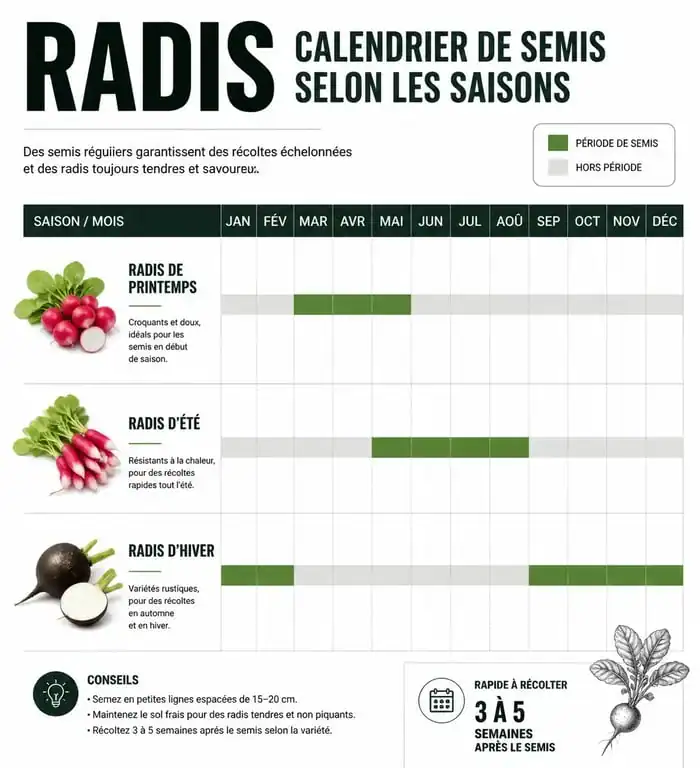 Calendrier de semis des radis : périodes idéales pour semer les radis de printemps, d'été et d'hiver
