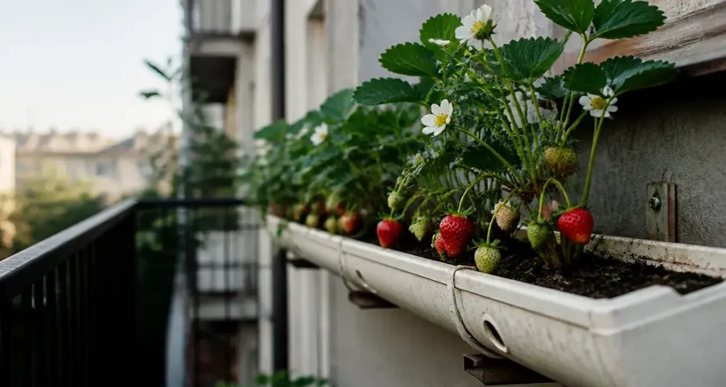 Fraisier dans gouttière avec terreau et fruits rouges sur balcon