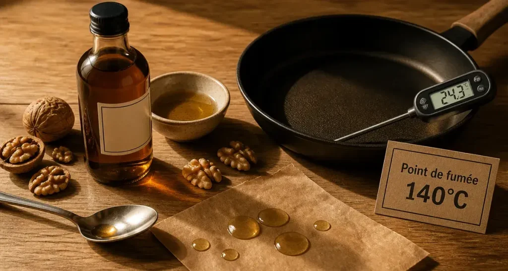 Huile de noix cuisson : bouteille, noix et poêle avec point de fumée 140°C