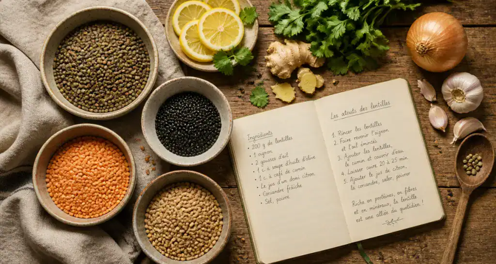 Lentilles bon pour la sante en bols avec ingrédients frais