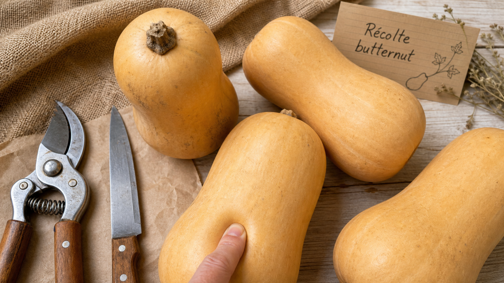 Quand cueillir les butternut : courges mûres, pédoncule brun et peau uniforme