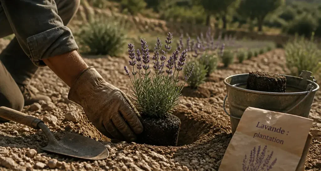Quand planter la lavande : main plante un jeune plant en sol caillouteux