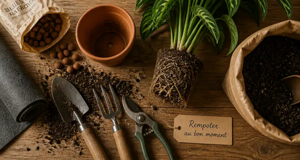 quand rempoter une plante, outils et racines visibles