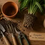 quand rempoter une plante, outils et racines visibles