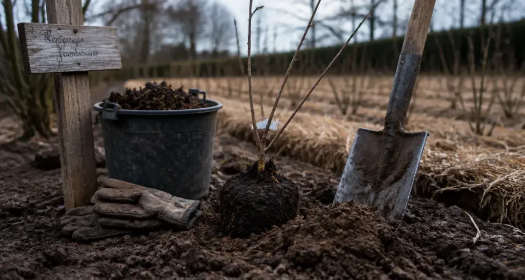 Quand repiquer des framboisiers : framboisier repiqué, racines nues et terre humide