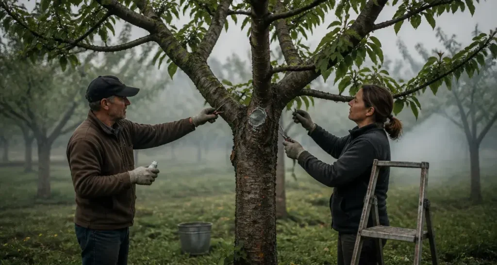 Quand tailler les arbres fruitiers à noyaux : cerisier avec sécateur désinfecté et mastic anti-gommose