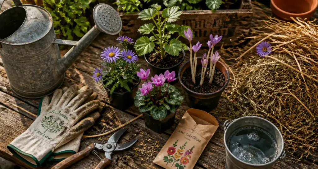 que planter en juillet août fleurs jeunes plants et outils jardinage