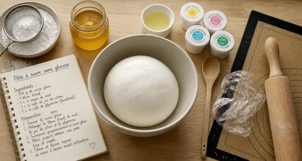 recette pâte à sucre sans glucose ingrédients sur table