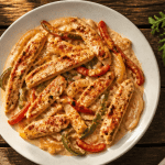 recette poulet poivron en sauce sur assiette