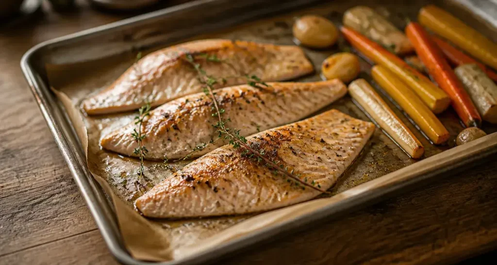 Truite accompagnement légumes : filets rôtis au thym et légumes de saison