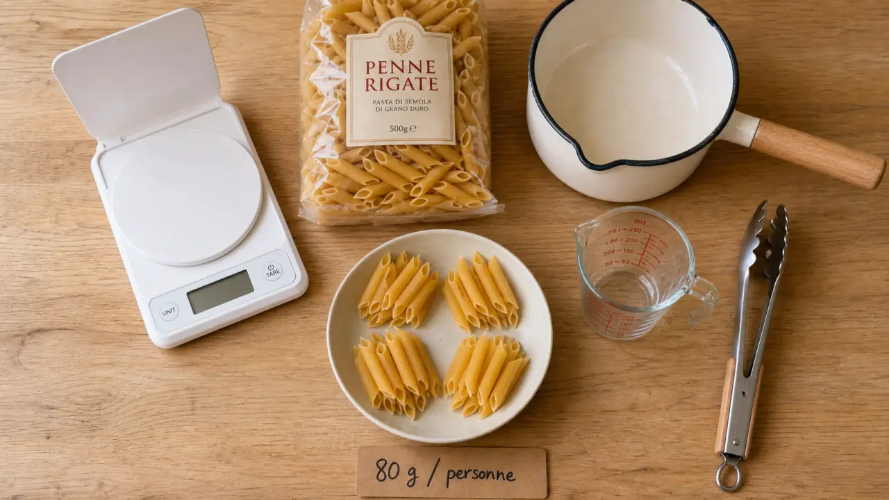 Grammage pate par personne : 80 g à 100 g, pâtes mesurées