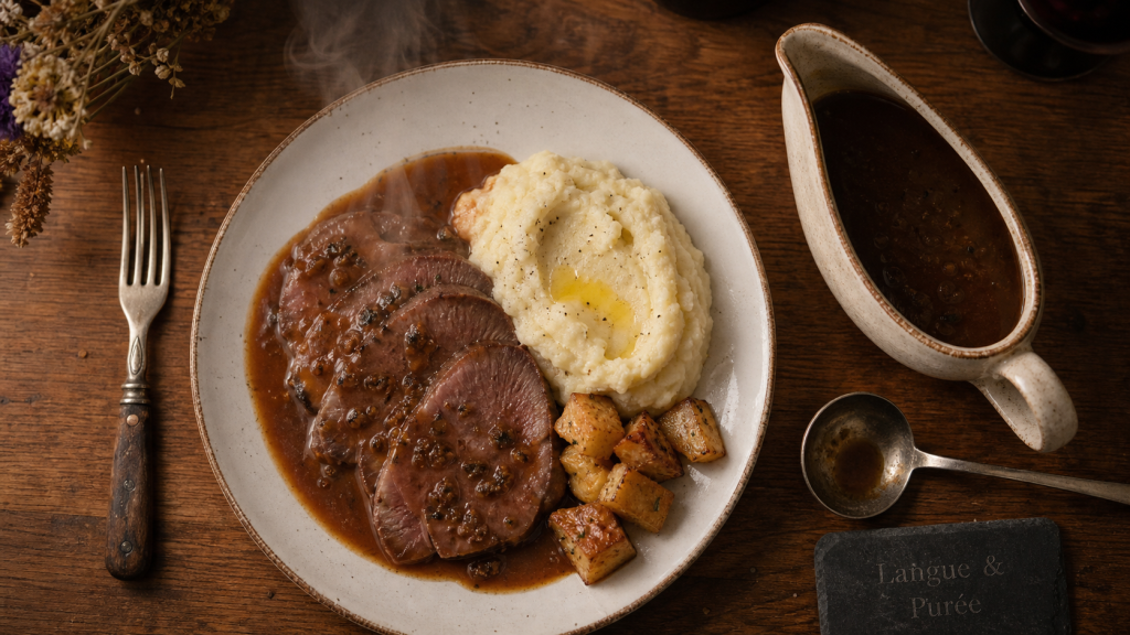 Accompagnement pour langue de boeuf : purée et sauce brune