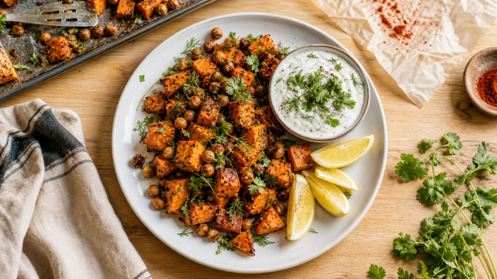 Accompagnement patate douce rôtie avec sauces pour viandes et poissons