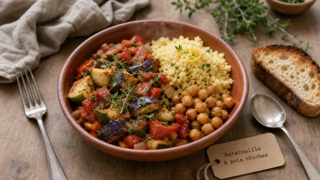Accompagnement ratatouille : bol de ratatouille, riz et pois chiches, idées anti-restes