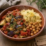 Accompagnement ratatouille : bol de ratatouille, riz et pois chiches, idées anti-restes
