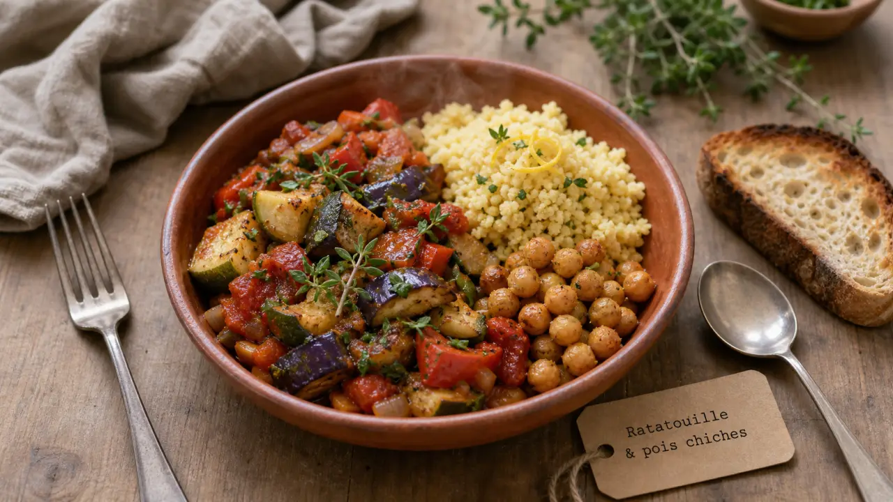 Accompagnement ratatouille : bol de ratatouille, riz et pois chiches, idées anti-restes