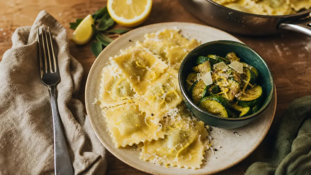 Accompagnement ravioli : courgettes citronnées et parmesan sur raviolis