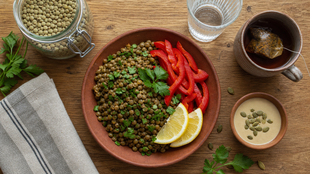 Aliment pour manque de fer : lentilles, graines de courge et tahini