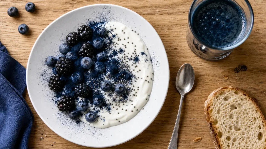 Aliments bleus : yaourt bleu à la spiruline, myrtilles et chia