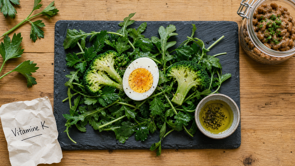 Aliments riches en vitamine k : salade verte et natto (K2 fermentée)