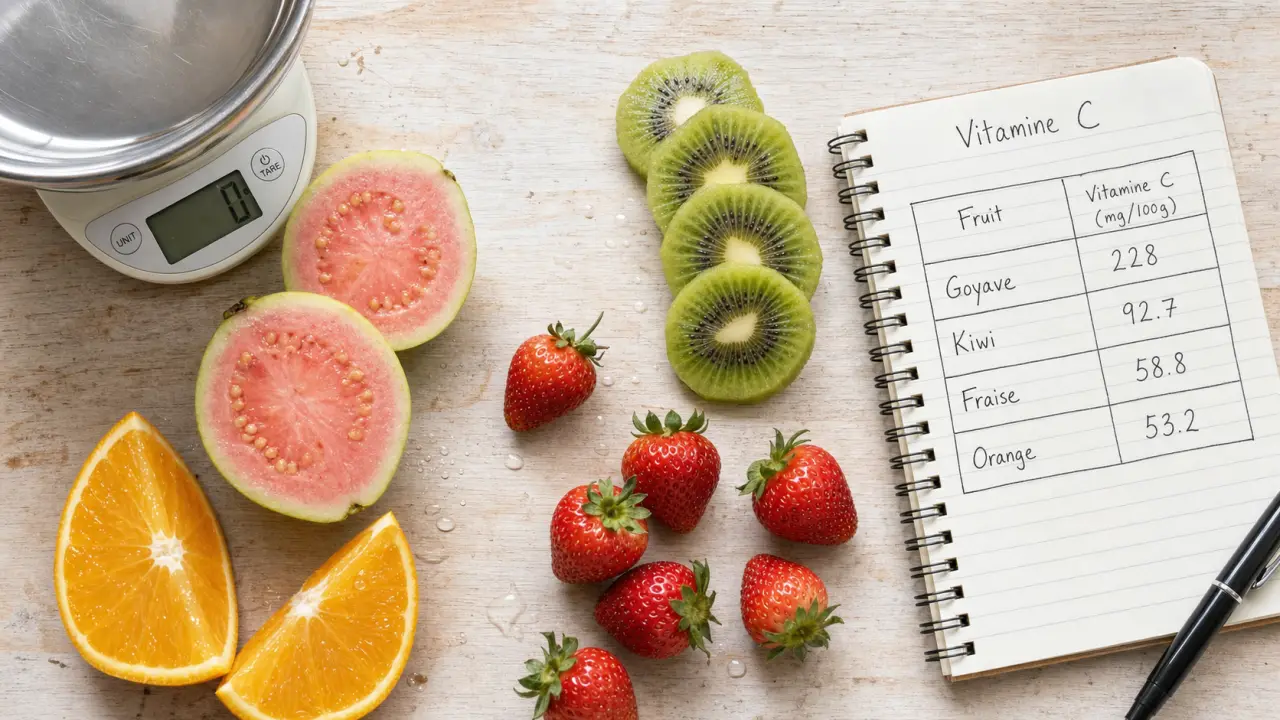 Classement fruit vitamine C : goyave, kiwi, orange sur fond bois