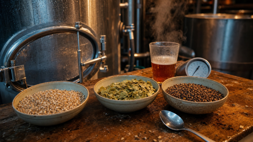 Comment est fait la bière : malt et houblon sur table de brasserie