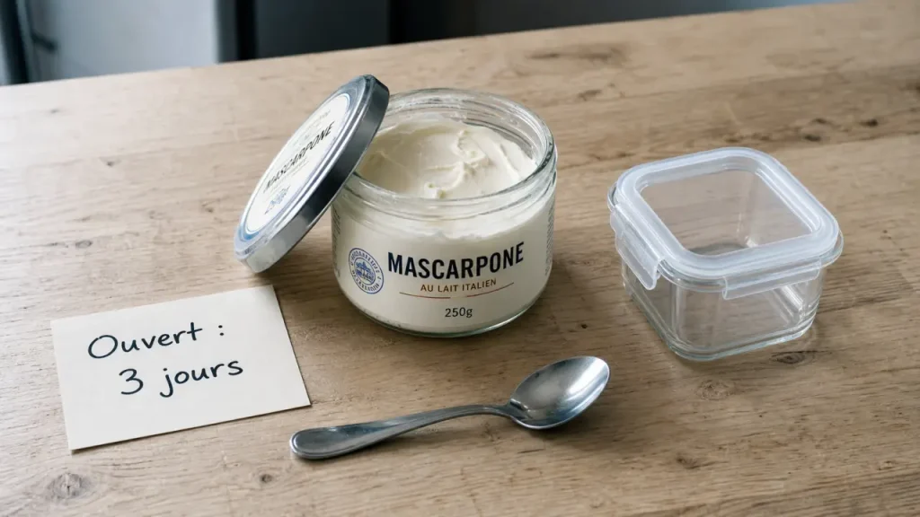 Conservation mascarpone ouvert : pot au frigo, à jeter après 3 jours