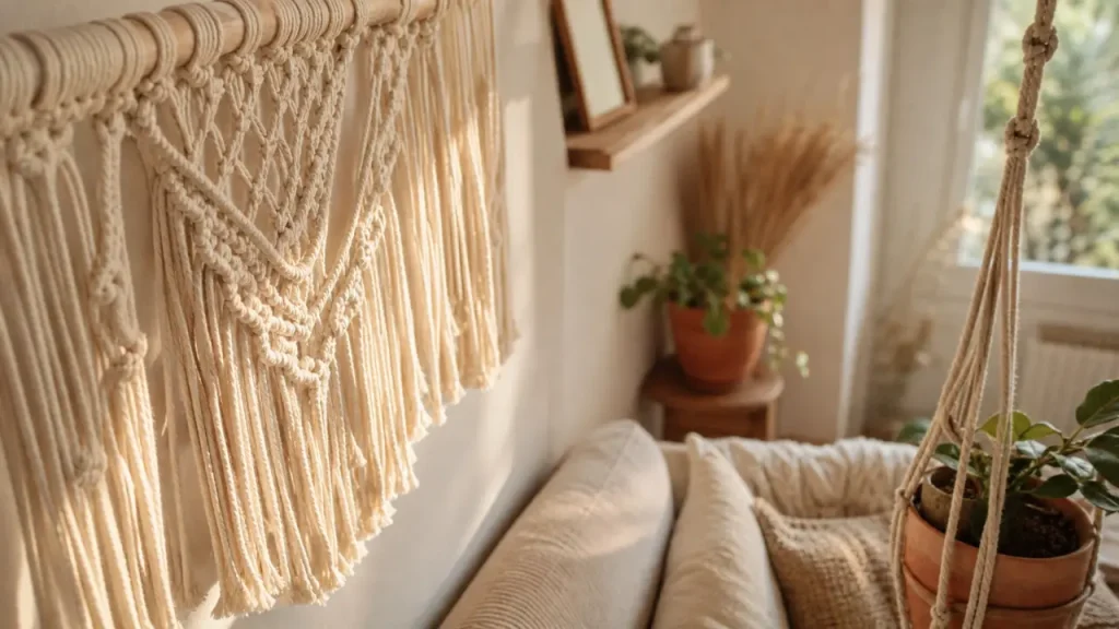 Déco macramé : tenture et suspension pour réchauffer un mur vide