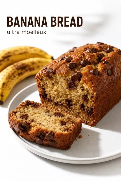 Banana bread ultra moelleux tranché, avec une mie fondante et des bananes mûres