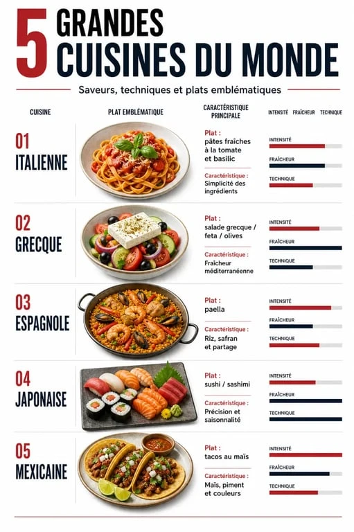 Infographie comparative des 5 grandes cuisines du monde : italienne, grecque, espagnole, japonaise et mexicaine.