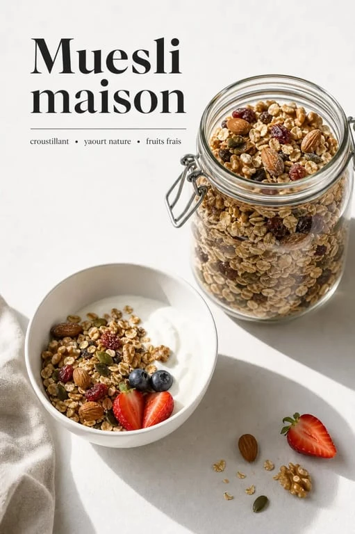 Recette muesli maison healthy dans un bol avec yaourt, fruits frais et texture croustillante
