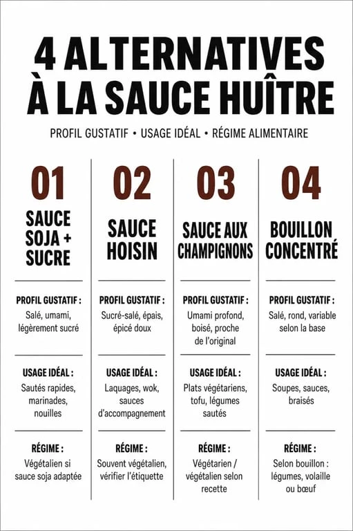 Infographie comparative des substituts à la sauce huître pour vos recettes