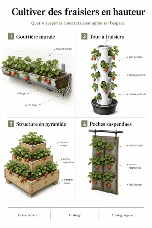 Infographie des différentes méthodes de plantation de fraisier en hauteur pour balcon et terrasse