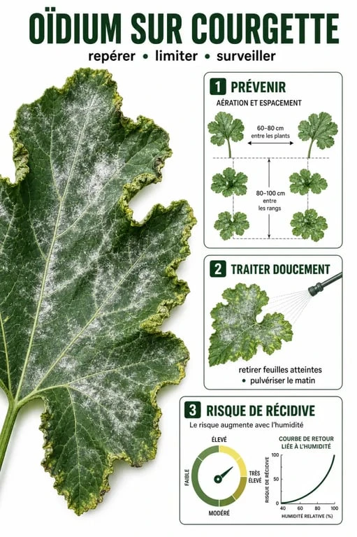 Traitement oidium courgette : schéma des symptômes et des gestes de prévention au potager