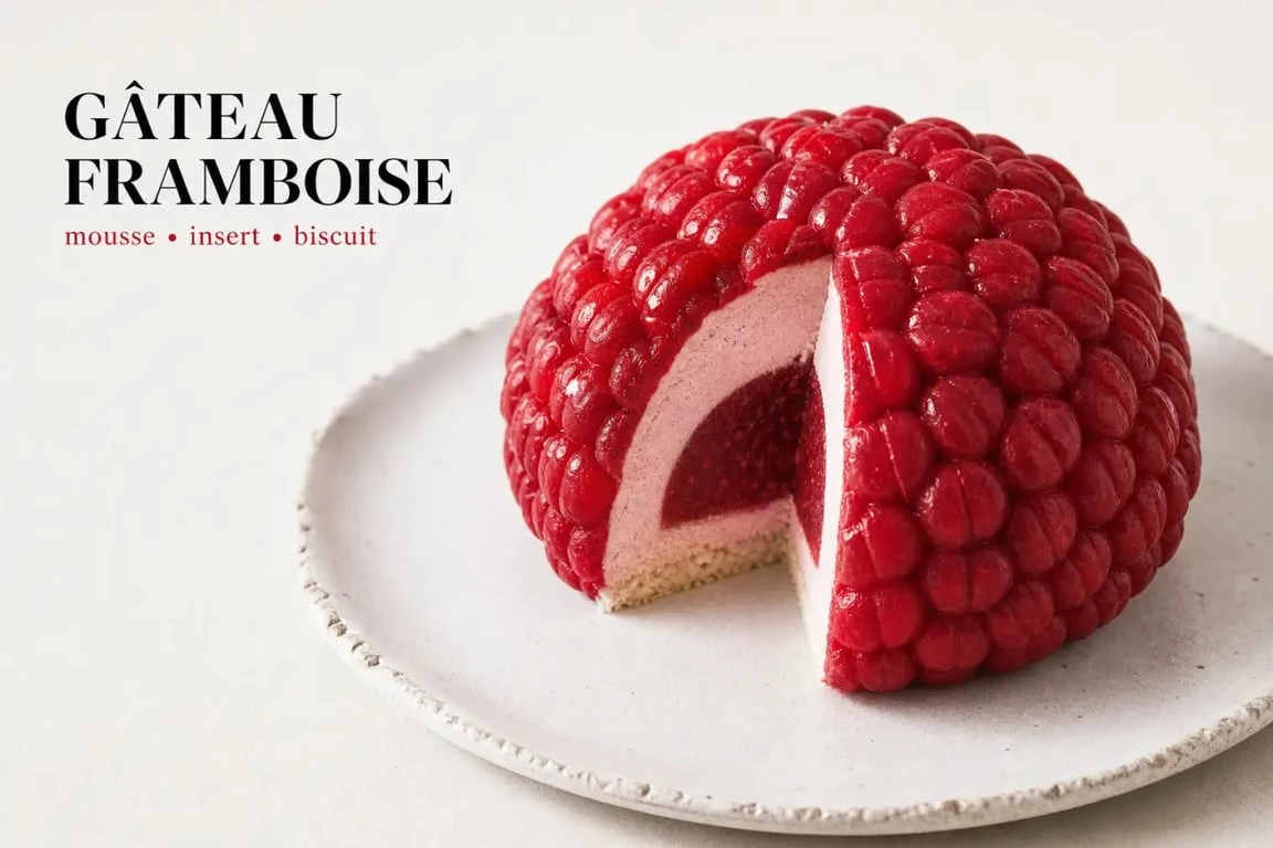 Gâteau trompe l'oeil framboise géante sur assiette, avec coupe visible
