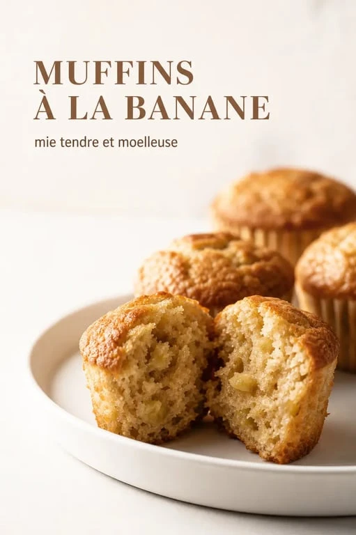 Recette muffin banane moelleux : muffins dorés et moelleux à la banane sur une assiette blanche