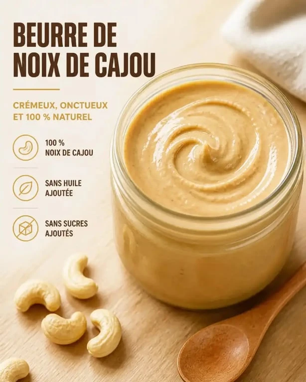 Pot de beurre de noix de cajou maison crémeux sur une table en bois