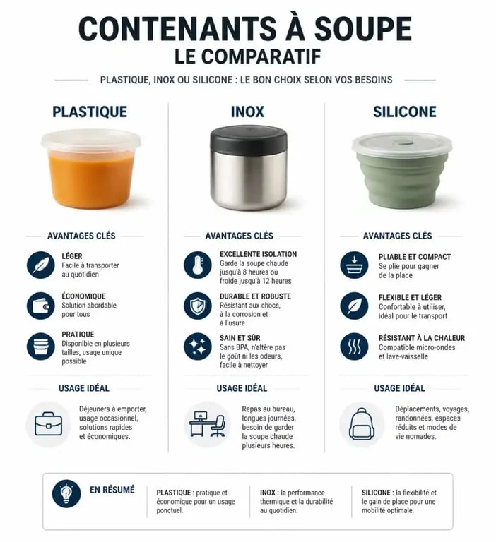 Comparatif des matériaux pour tupperware pour soupe : plastique, inox et silicone