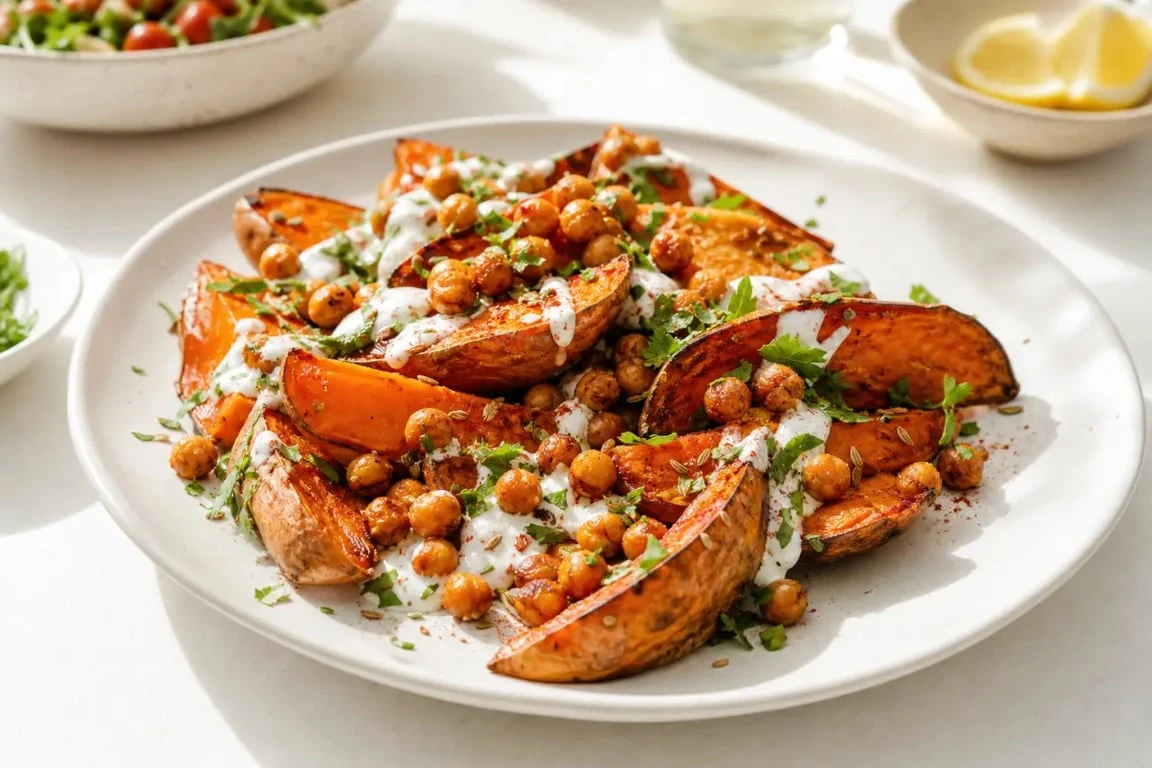 Accompagnement patate douce : patates douces rôties, pois chiches et sauce yaourt-citron