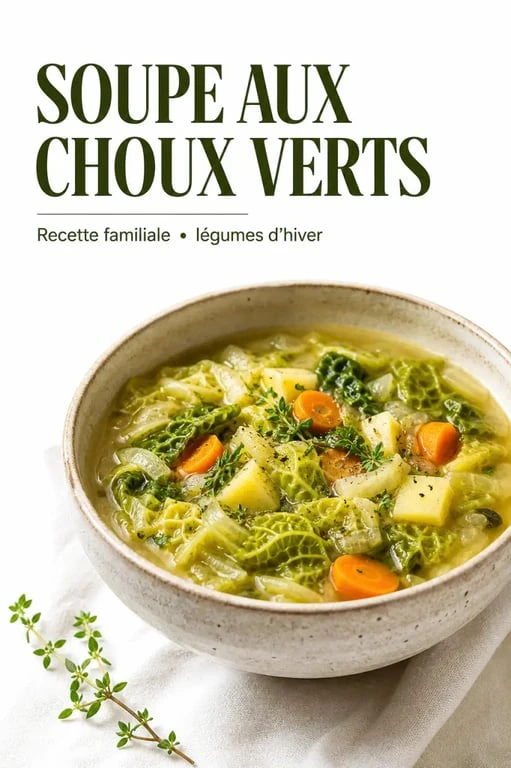 Soupe aux choux verts servie dans un bol rustique, recette de soupe aux choux verts appétissante avec légumes visibles