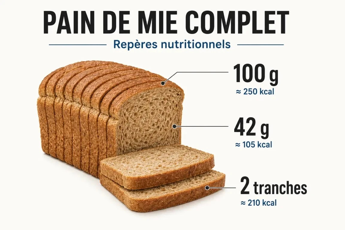 Pain de mie complet calorie : comparaison visuelle des calories pour 100 g, une tranche de 42 g et deux tranches