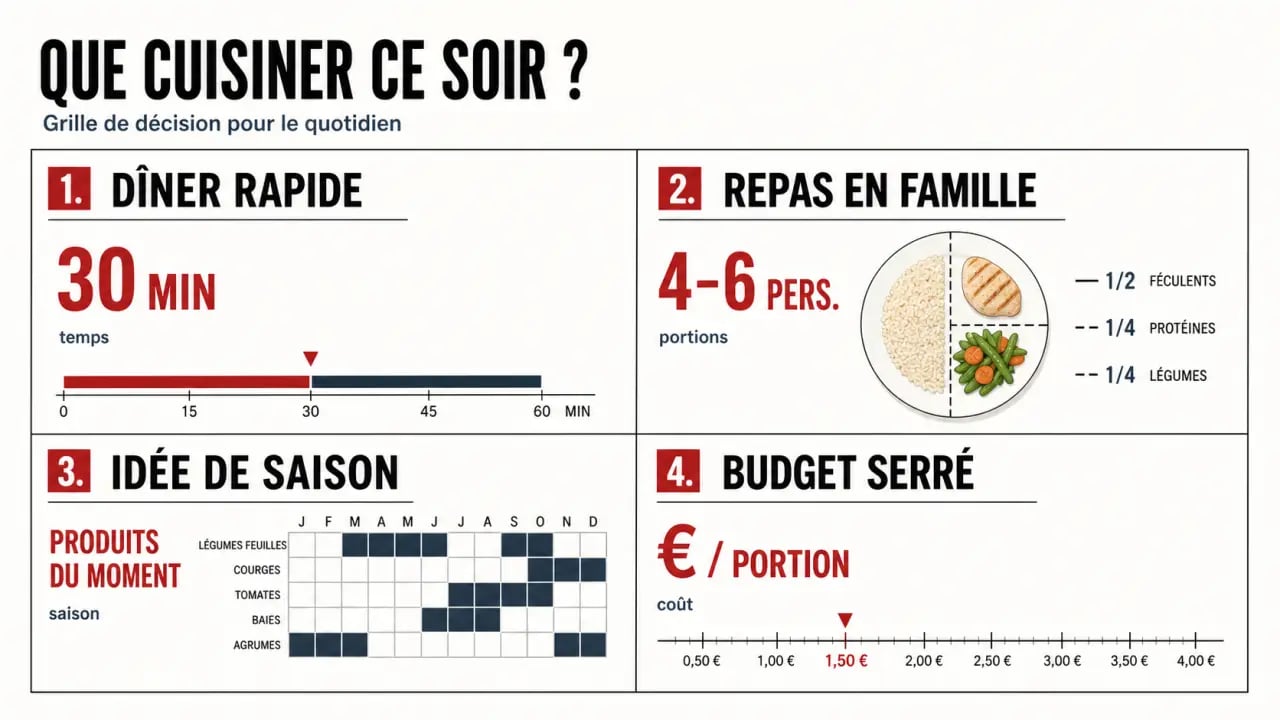 Cuisine & Recettes : grille visuelle pour choisir une recette rapide, familiale, de saison ou économique