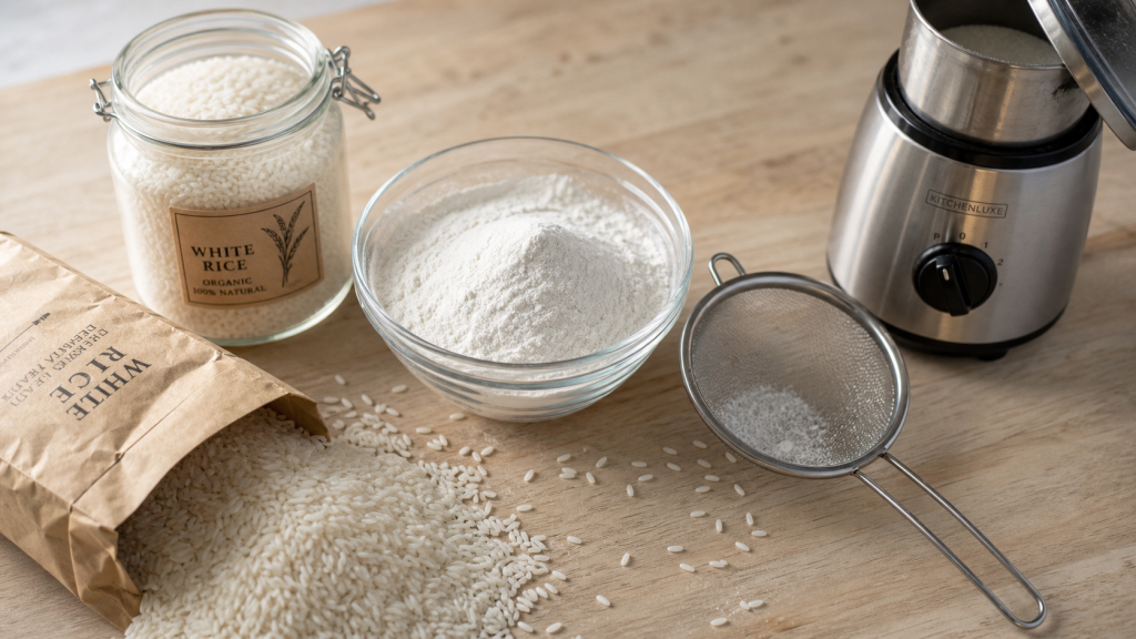 Faire de la farine de riz : farine de riz blanche tamisée, tamis et moulin