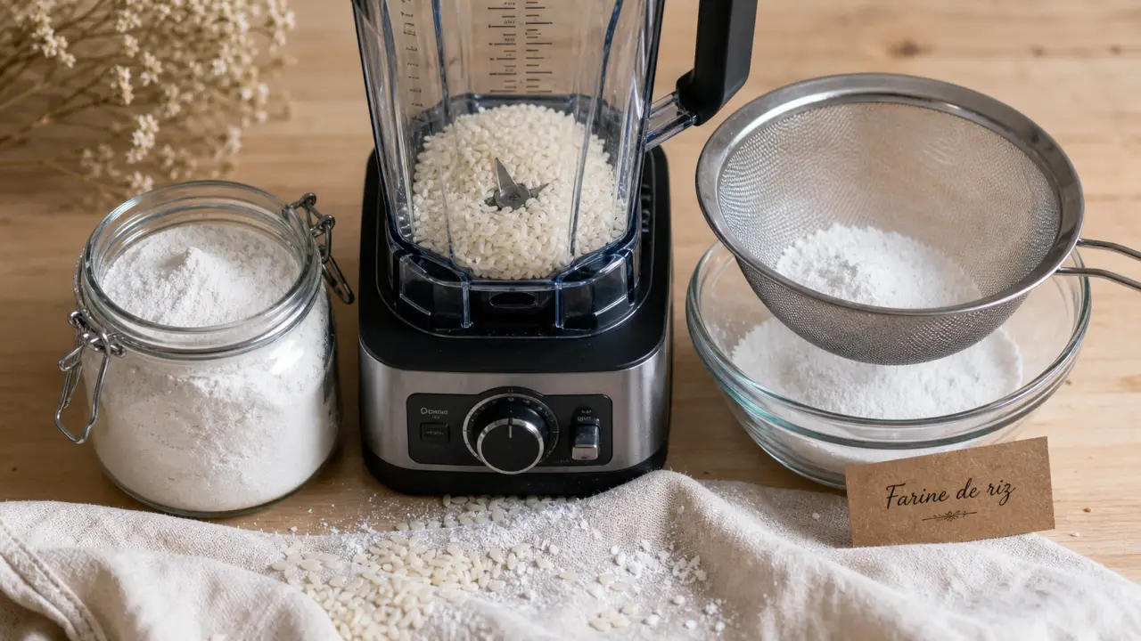 Faire de la farine de riz : mouture fine, riz sec, tamis et farine dans un bocal
