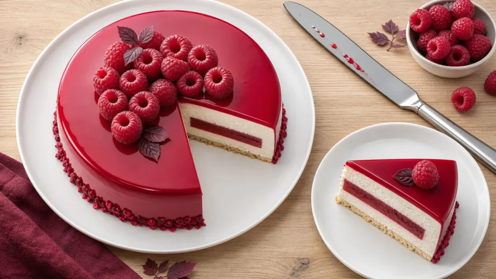 Gâteau trompe l'oeil framboise géante en entremets, ganache et insert fruité