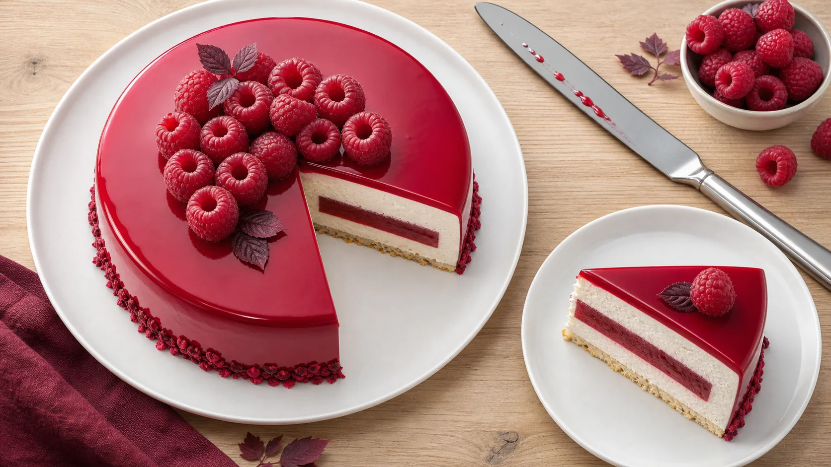 Gâteau trompe l'oeil framboise géante en entremets, ganache et insert fruité